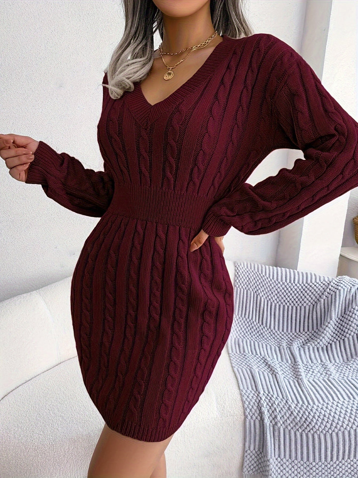 Cable Knit Sweater Dress V-Neck Long Sleeve Women's Burgundy Peplum – Casual, Office, Holiday, Gift