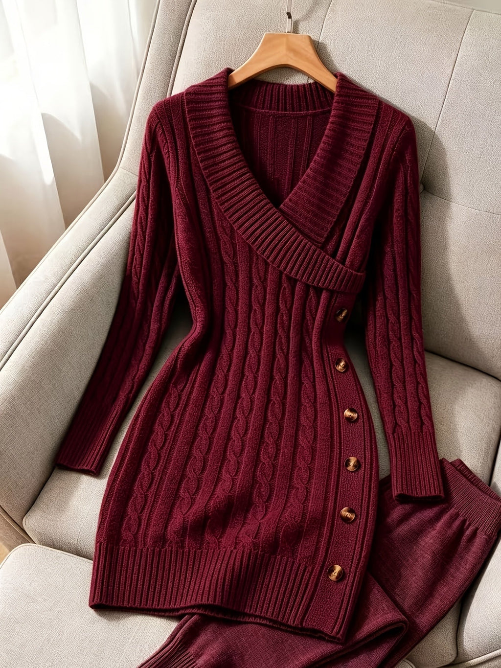 Cable Knit Sweater Dress V-Neck Long Sleeve Women's Burgundy Button Side – Casual, Office, Holiday, Gift