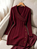 Cable Knit Sweater Dress V-Neck Long Sleeve Women's Burgundy Button Side – Casual, Office, Holiday, Gift