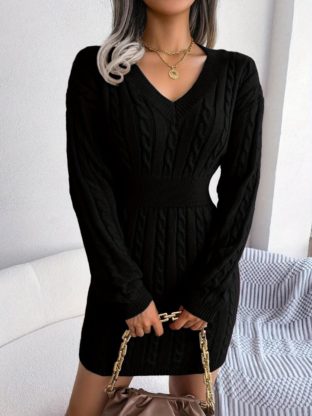Cable Knit Sweater Dress V-Neck Long Sleeve Women's Burgundy Peplum – Casual, Office, Holiday, Gift