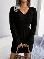 Cable Knit Sweater Dress V-Neck Long Sleeve Women's Burgundy Peplum – Casual, Office, Holiday, Gift