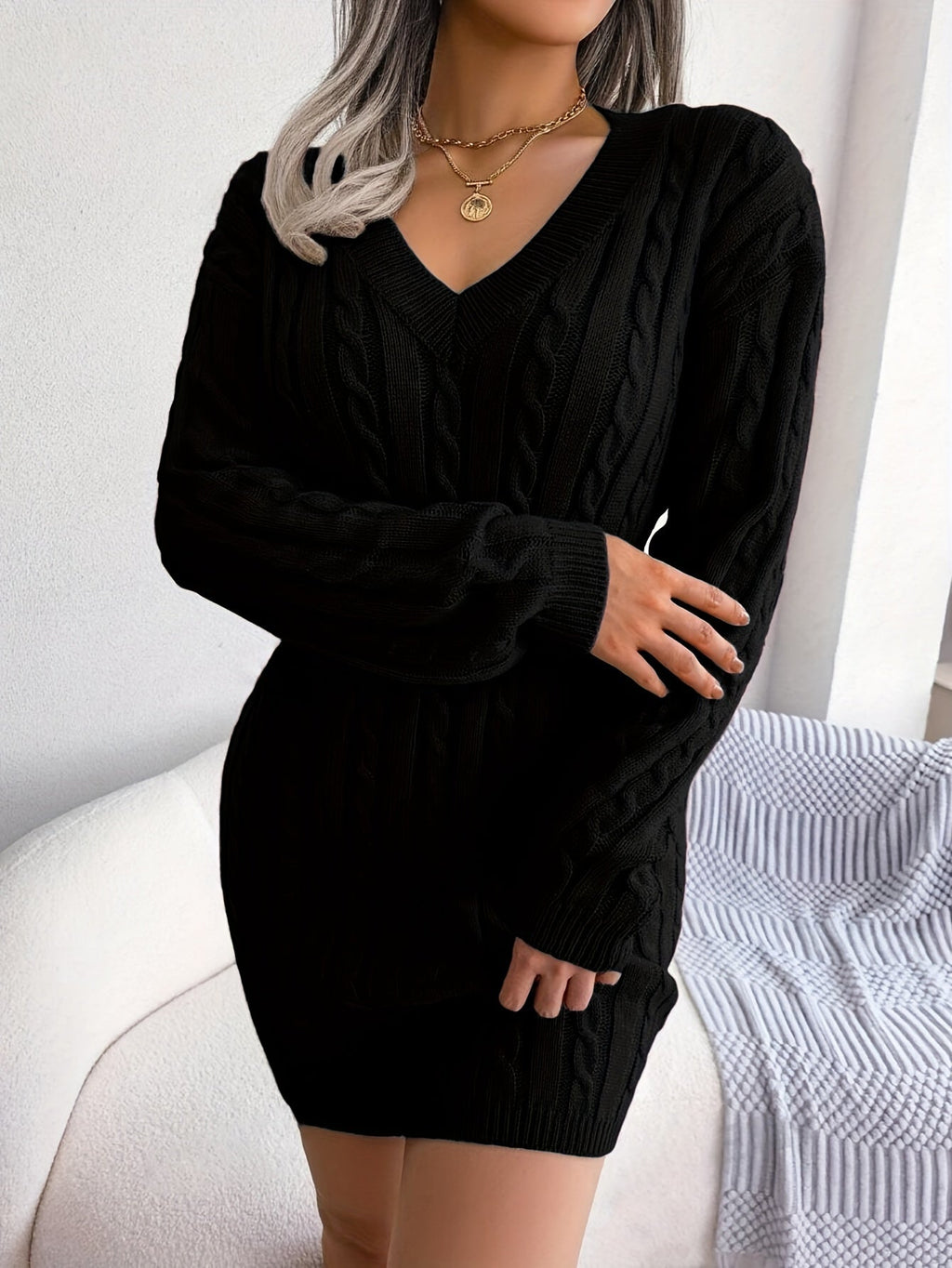 Cable Knit Sweater Dress V-Neck Long Sleeve Women's Burgundy Peplum – Casual, Office, Holiday, Gift