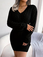 Cable Knit Sweater Dress V-Neck Long Sleeve Women's Burgundy Peplum – Casual, Office, Holiday, Gift