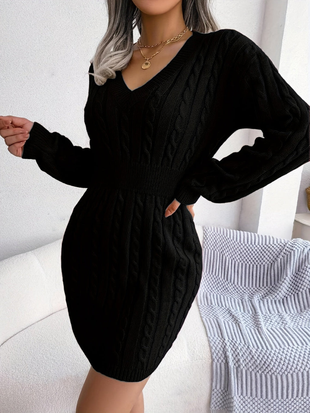 Cable Knit Sweater Dress V-Neck Long Sleeve Women's Burgundy Peplum – Casual, Office, Holiday, Gift