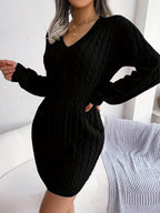 Cable Knit Sweater Dress V-Neck Long Sleeve Women's Burgundy Peplum – Casual, Office, Holiday, Gift