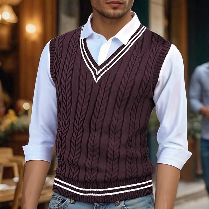 Cable-Knit Sweater Vest Men's Mustard Yellow V-Neck Sleeveless Knit – Casual, Office, Layering, Gift