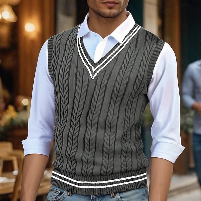Cable-Knit Sweater Vest Men's Mustard Yellow V-Neck Sleeveless Knit – Casual, Office, Layering, Gift
