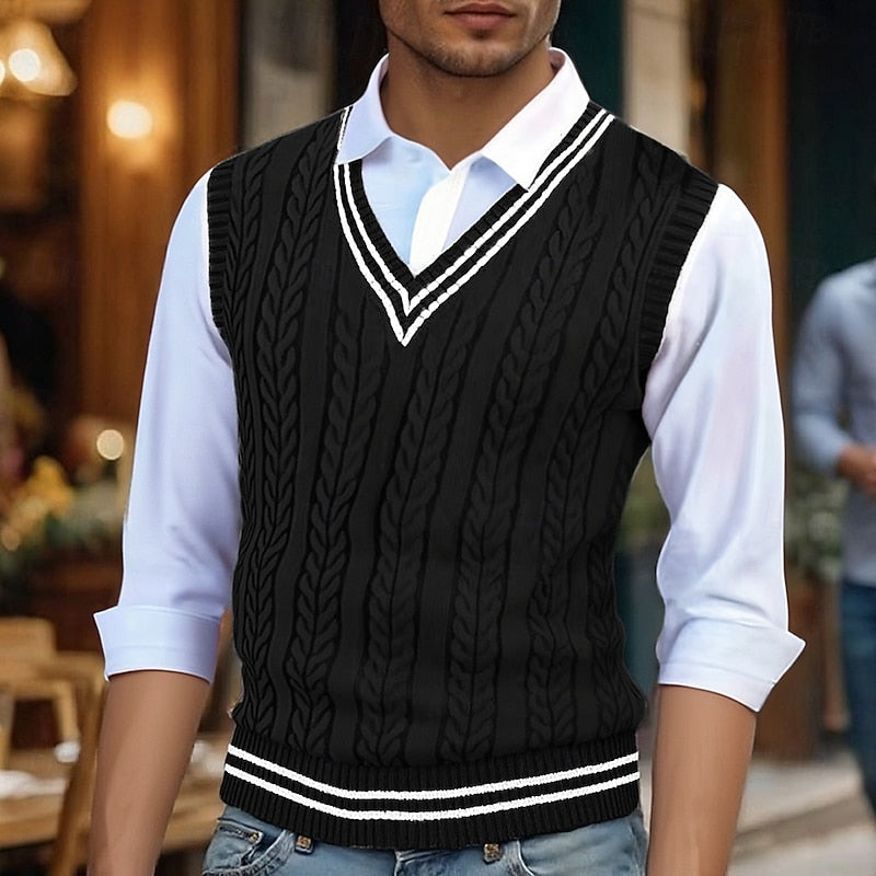 Cable-Knit Sweater Vest Men's Mustard Yellow V-Neck Sleeveless Knit – Casual, Office, Layering, Gift
