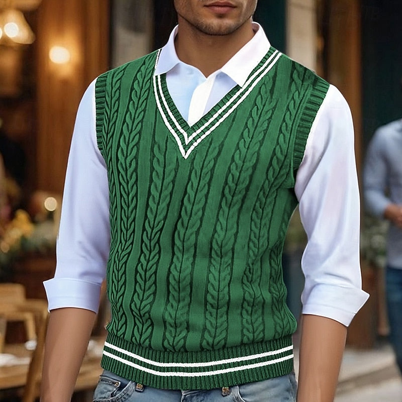 Cable-Knit Sweater Vest Men's Mustard Yellow V-Neck Sleeveless Knit – Casual, Office, Layering, Gift