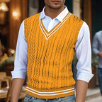 Cable-Knit Sweater Vest Men's Mustard Yellow V-Neck Sleeveless Knit – Casual, Office, Layering, Gift