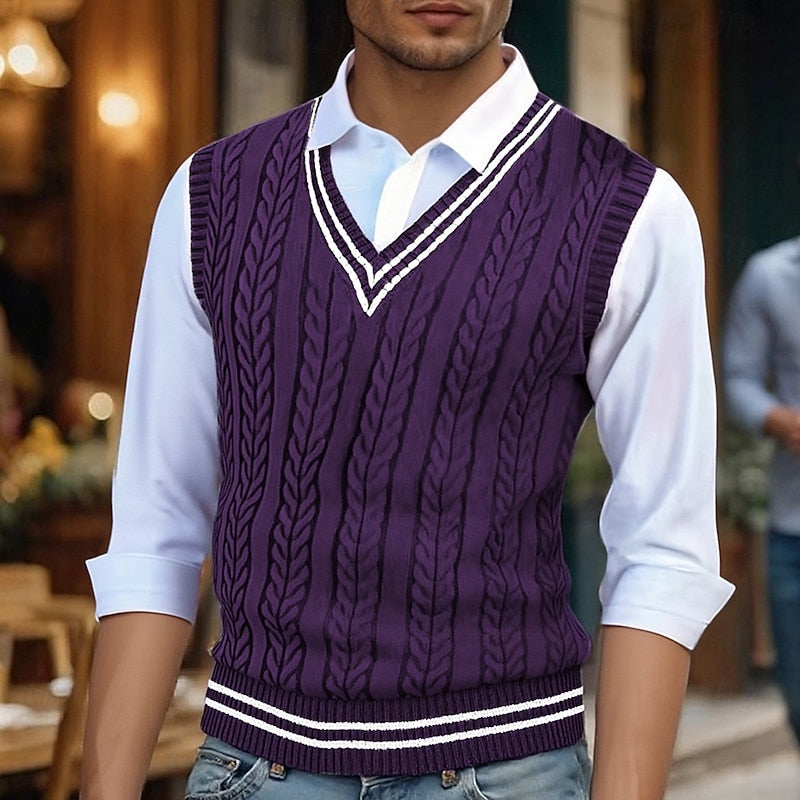 Cable-Knit Sweater Vest Men's Mustard Yellow V-Neck Sleeveless Knit – Casual, Office, Layering, Gift