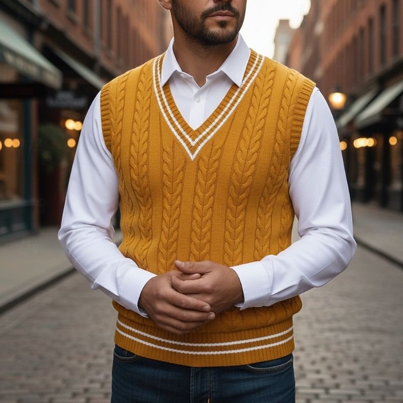 Cable-Knit Sweater Vest Men's Mustard Yellow V-Neck Sleeveless Knit – Casual, Office, Layering, Gift