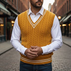 Cable-Knit Sweater Vest Men's Mustard Yellow V-Neck Sleeveless Knit – Casual, Office, Layering, Gift