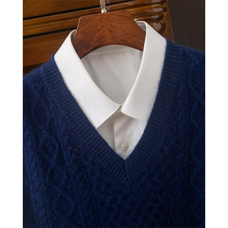 Cable Knit Sweater Vest V-Neck Beige Men's Sleeveless Jumper – Office, Casual · Werune