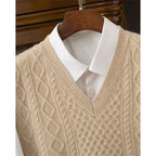 Cable Knit Sweater Vest V-Neck Beige Men's Sleeveless Jumper – Office, Casual · Werune
