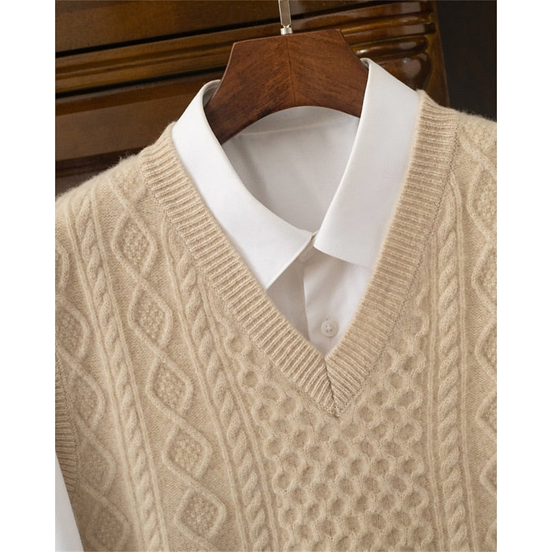 Cable Knit Sweater Vest V-Neck Beige Men's Sleeveless Jumper – Office, Casual · Werune