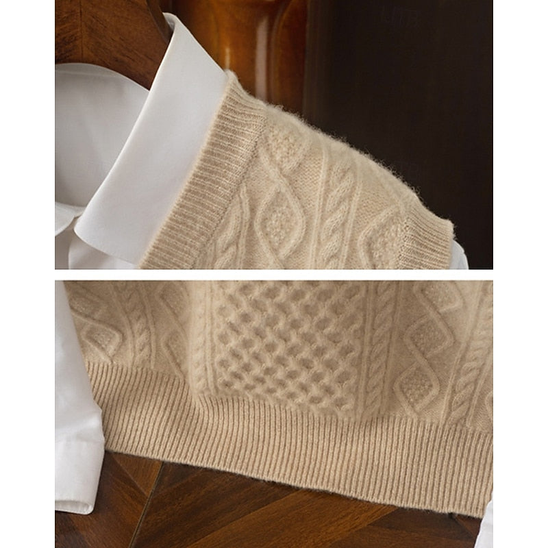 Cable Knit Sweater Vest V-Neck Beige Men's Sleeveless Jumper – Office, Casual · Werune