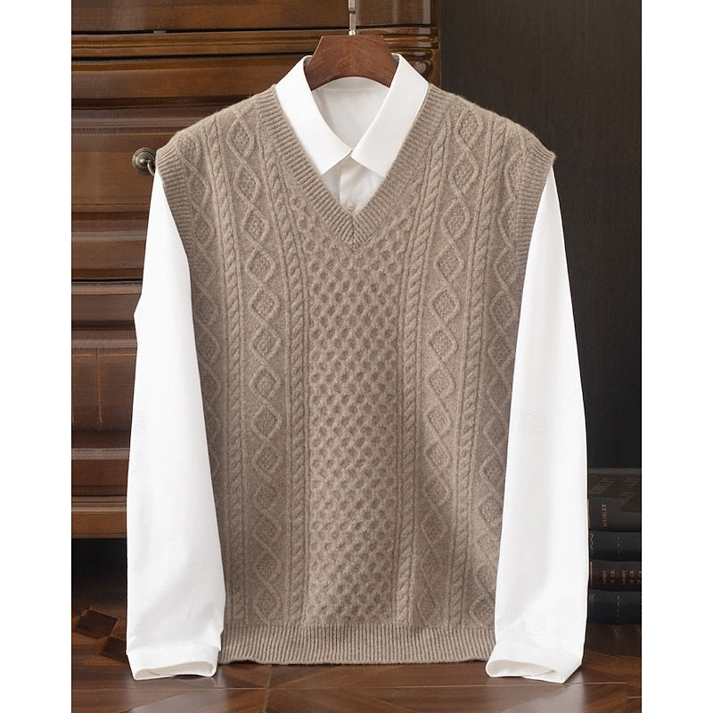 Cable Knit Sweater Vest V-Neck Beige Men's Sleeveless Jumper – Office, Casual · Werune