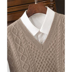 Cable Knit Sweater Vest V-Neck Beige Men's Sleeveless Jumper – Office, Casual · Werune