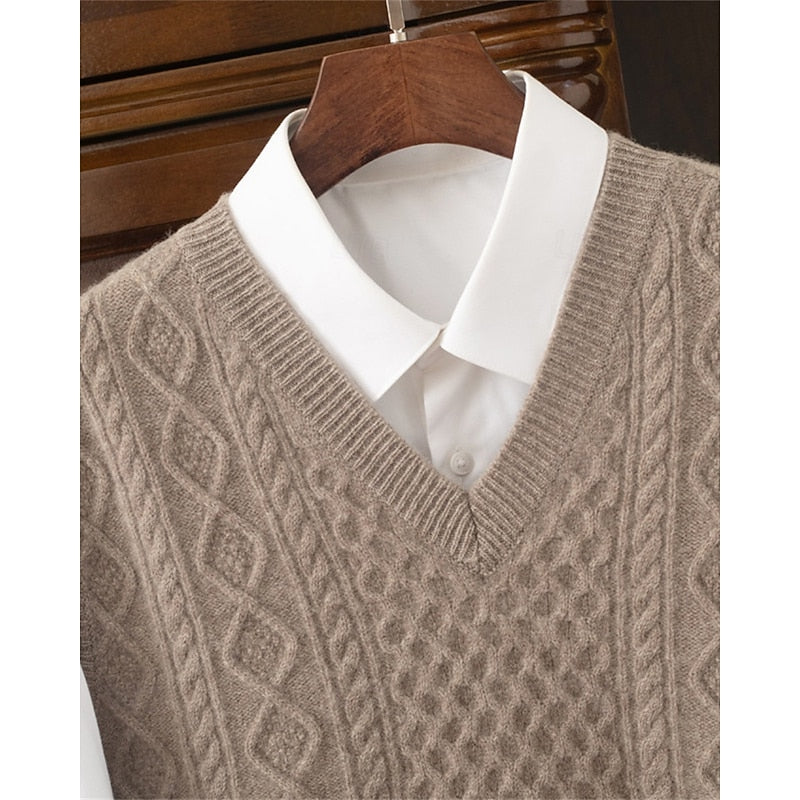 Cable Knit Sweater Vest V-Neck Beige Men's Sleeveless Jumper – Office, Casual · Werune