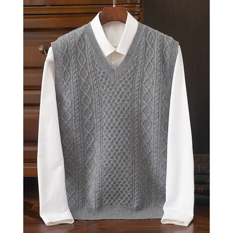 Cable Knit Sweater Vest V-Neck Beige Men's Sleeveless Jumper – Office, Casual · Werune