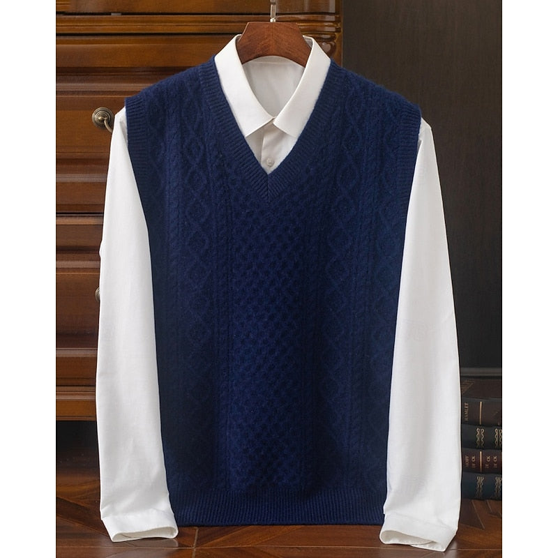 Cable Knit Sweater Vest V-Neck Beige Men's Sleeveless Jumper – Office, Casual · Werune