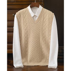 Cable Knit Sweater Vest V-Neck Beige Men's Sleeveless Jumper – Office, Casual · Werune