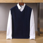 Cable-Knit Sweater Vest V-Neck Grey Men's Sleeveless Knitted Pullover – Casual, Office, Layering, Gift