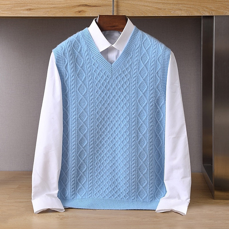Cable-Knit Sweater Vest V-Neck Grey Men's Sleeveless Knitted Pullover – Casual, Office, Layering, Gift