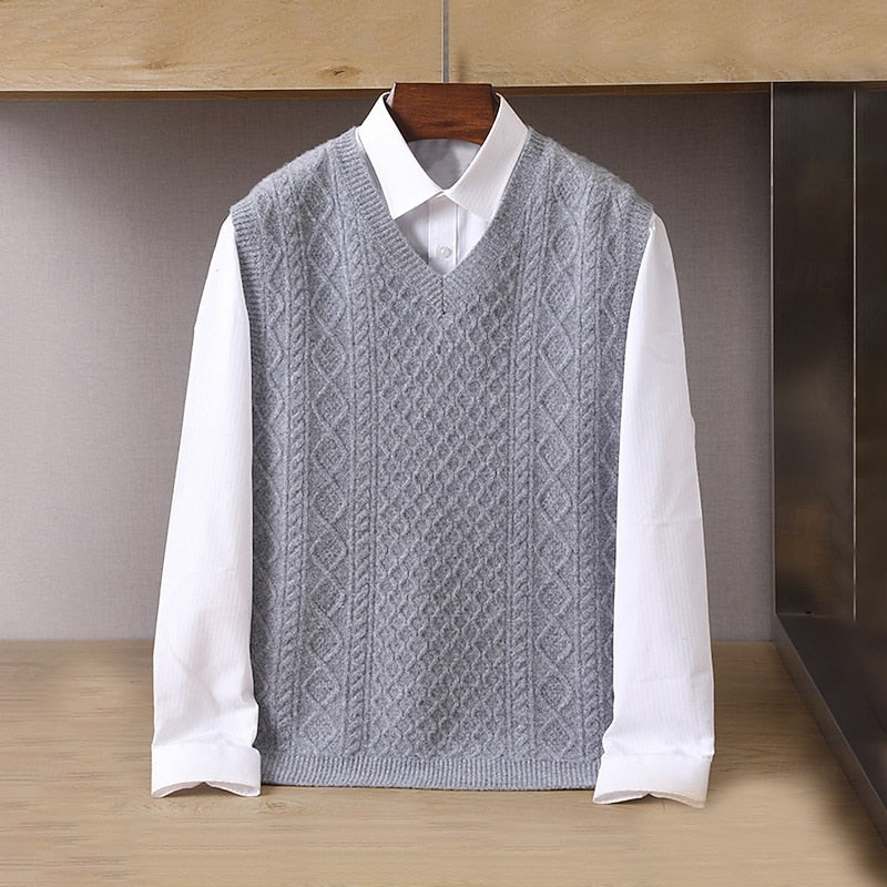 Cable-Knit Sweater Vest V-Neck Grey Men's Sleeveless Knitted Pullover – Casual, Office, Layering, Gift