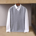 Cable-Knit Sweater Vest V-Neck Grey Men's Sleeveless Knitted Pullover – Casual, Office, Layering, Gift