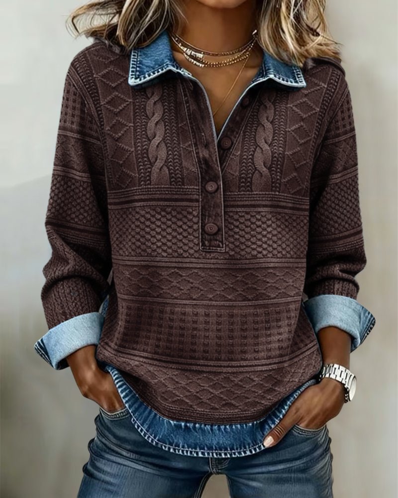 Cable Knit Sweater Women's Blue Denim Collar Button Placket – Casual, Office Autumn Winter Layering