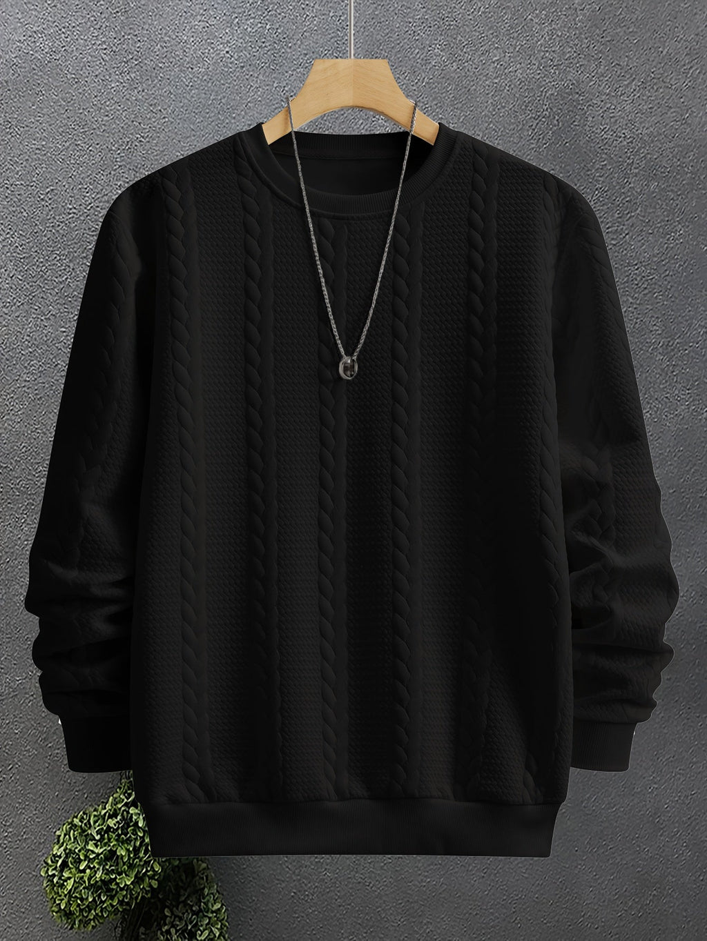 Cable Knit Sweatshirt Textured Crew Neck Black Men's Long Sleeve Pullover – Casual, Office