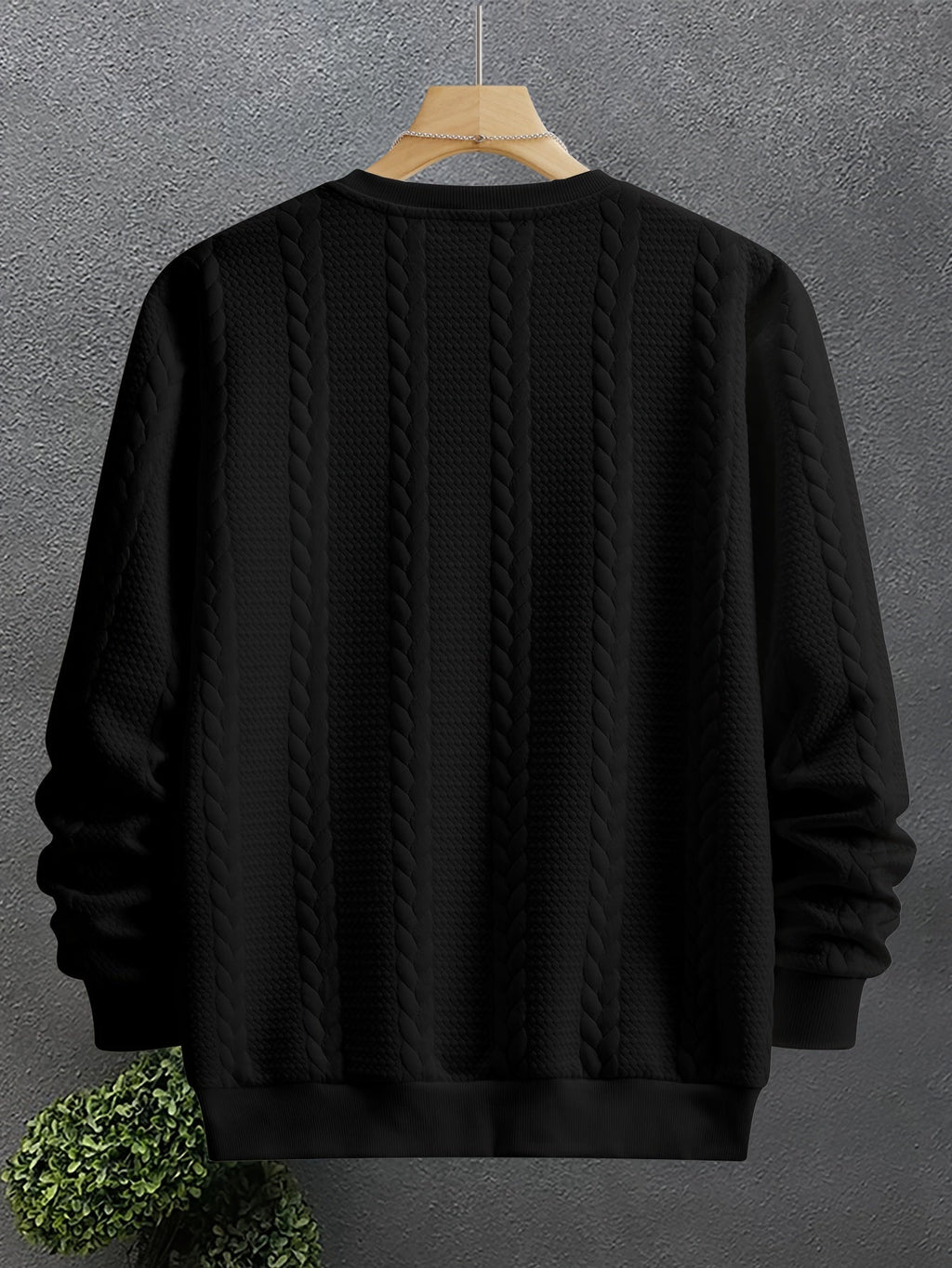 Cable Knit Sweatshirt Textured Crew Neck Black Men's Long Sleeve Pullover – Casual, Office