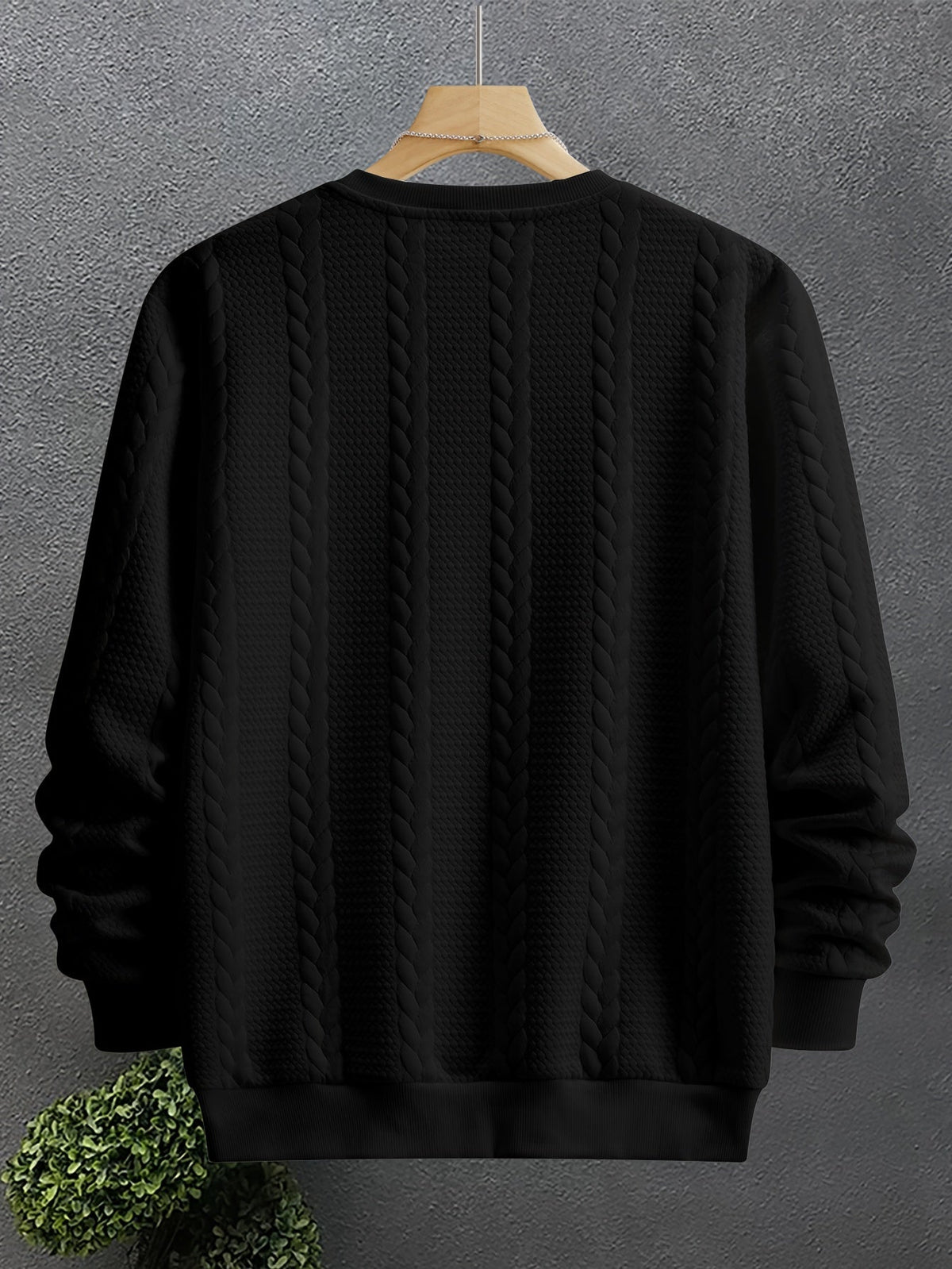 Cable Knit Sweatshirt Textured Crew Neck Black Men's Long Sleeve Pullover – Casual, Office