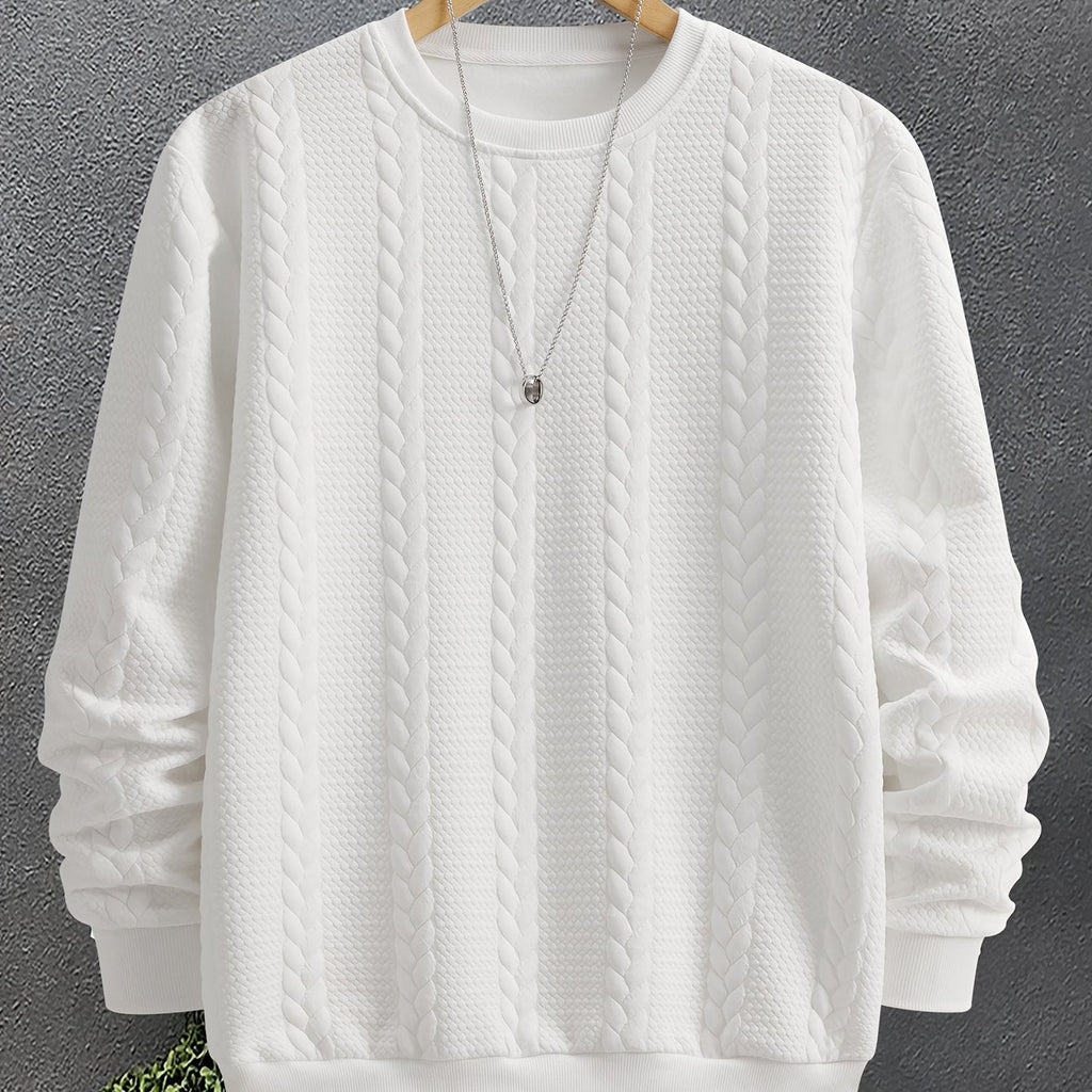 Cable Knit Sweatshirt Textured Crew Neck Black Men's Long Sleeve Pullover – Casual, Office