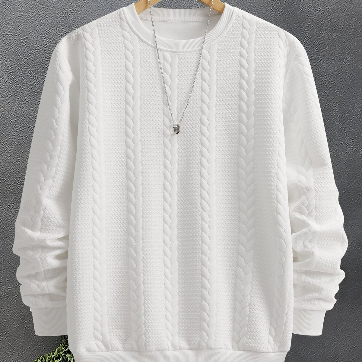 Cable Knit Sweatshirt Textured Crew Neck Black Men's Long Sleeve Pullover – Casual, Office