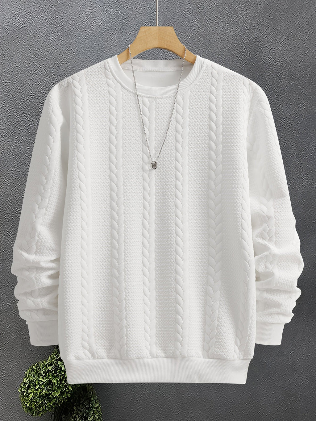 Cable Knit Sweatshirt Textured Crew Neck Black Men's Long Sleeve Pullover – Casual, Office