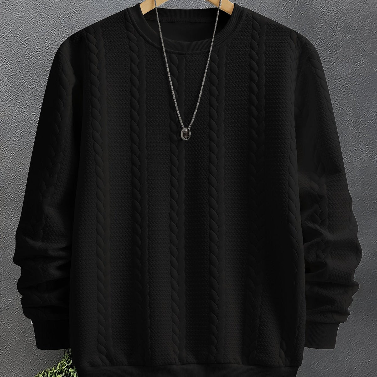 Cable Knit Sweatshirt Textured Crew Neck Black Men's Long Sleeve Pullover – Casual, Office