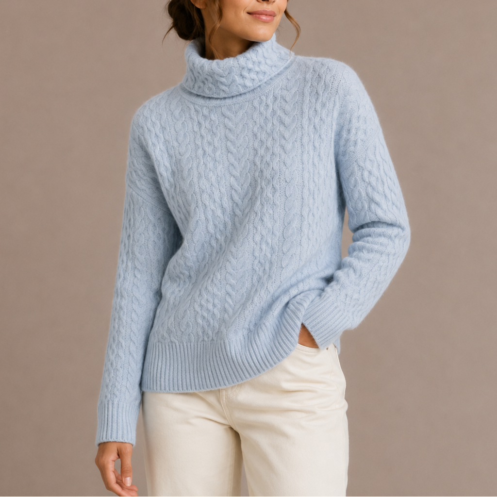 Cable Knit Turtleneck Jumper Chunky Knit Women's Light Blue Sweater – Casual, Office, Winter, Gift
