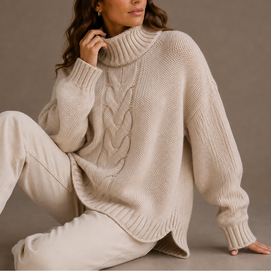 Cable Knit Turtleneck Jumper Oversized Black Women's – Casual, Winter, Office, Gift