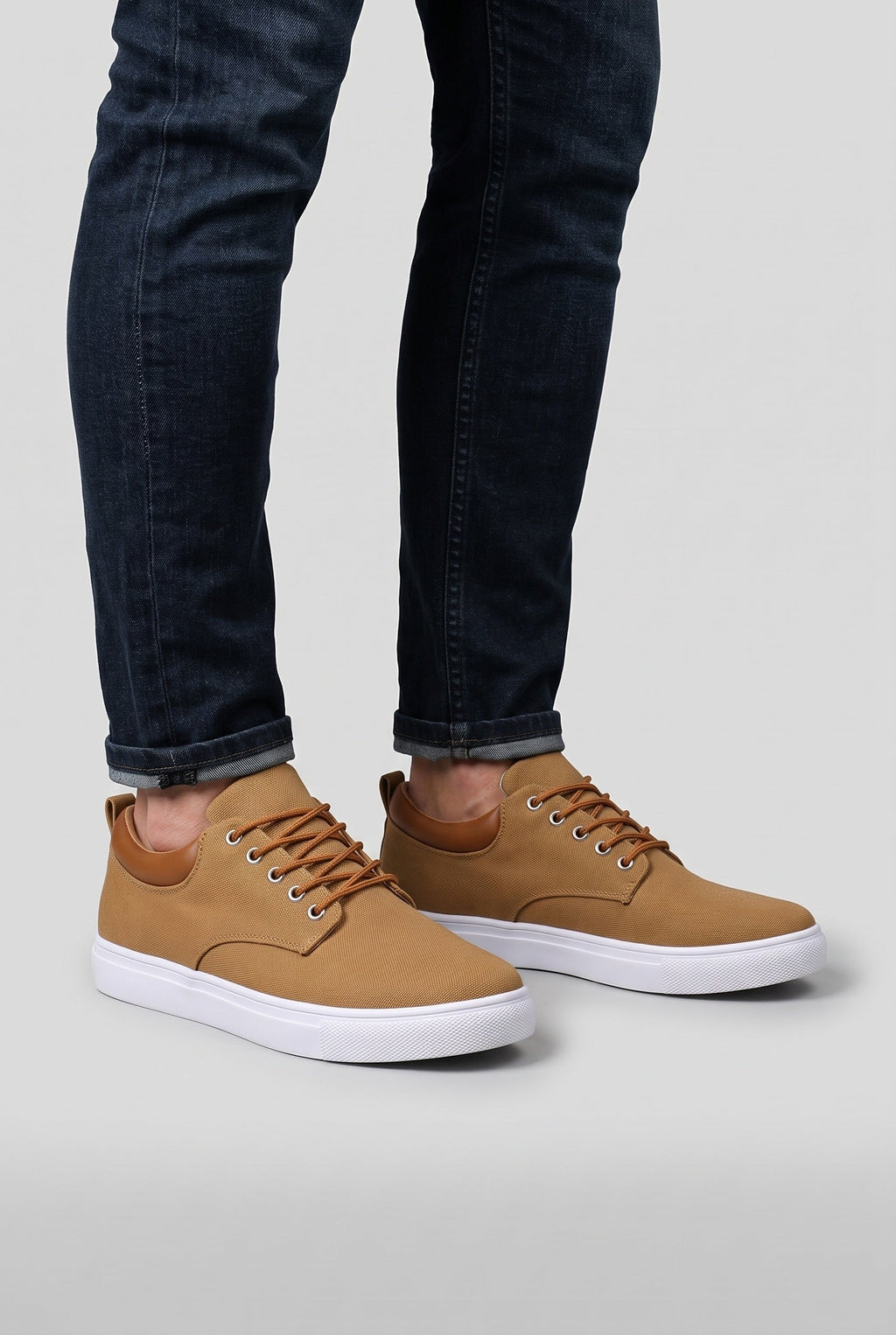 Canvas Trainers Men's Tan Lace-Up White Sole Low-Top Sneakers – Casual, Everyday Comfort