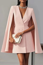 Cape Blazer Dress V-Neck Double Breasted Light Blue Women's Mini – Office, Formal, Party, Gift