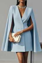 Cape Blazer Dress V-Neck Double Breasted Light Blue Women's Mini – Office, Formal, Party, Gift
