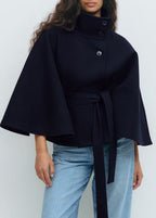 Cape Coat Women's Belted Stand Collar Camel Wool-Blend – Casual, Office, Holiday, Gift