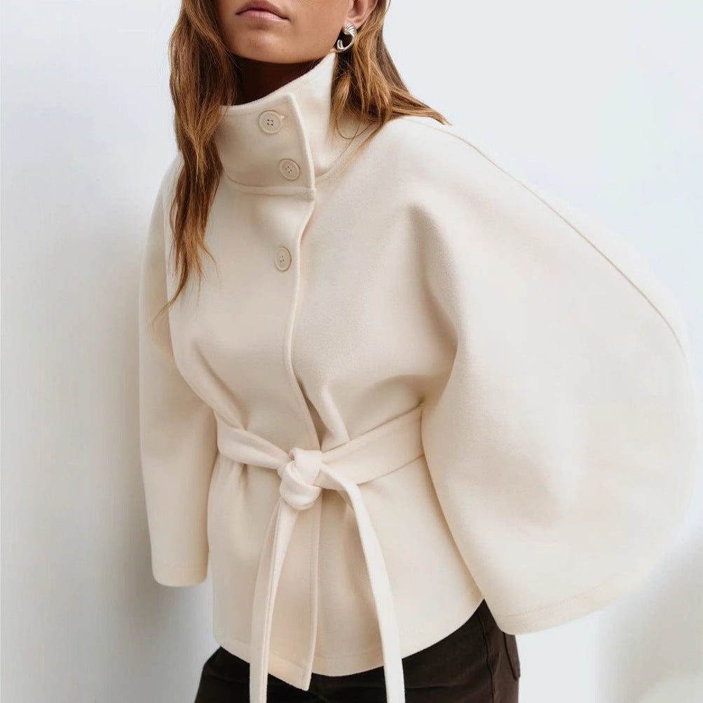 Cape Coat Women's Belted Stand Collar Camel Wool-Blend – Casual, Office, Holiday, Gift