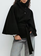 Cape Coat Women's Belted Stand Collar Camel Wool-Blend – Casual, Office, Holiday, Gift