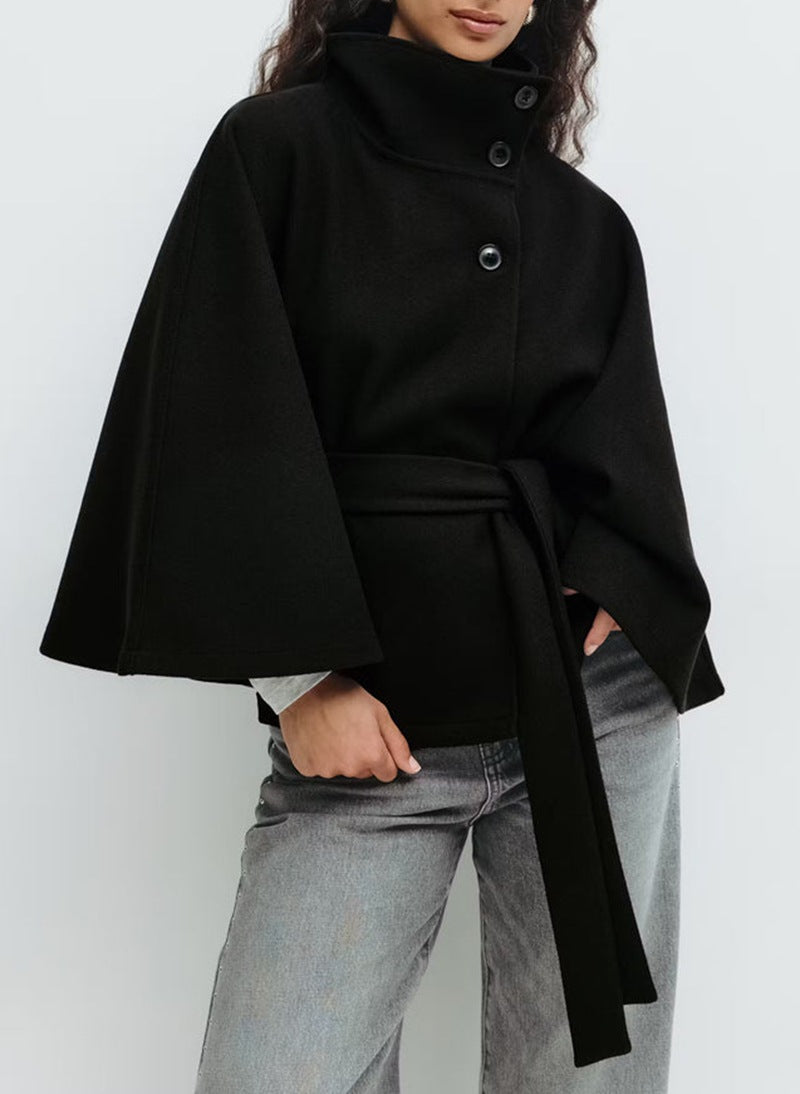 Cape Coat Women's Belted Stand Collar Camel Wool-Blend – Casual, Office, Holiday, Gift