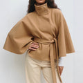 Cape Coat Women's Belted Stand Collar Camel Wool-Blend – Casual, Office, Holiday, Gift