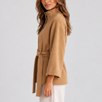 Cape Jacket Camel Belted Women's Wool-Blend Stand Collar – Casual, Office, Holiday, Gift
